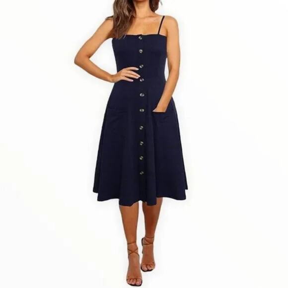 Berydress Dresses & Skirts - Berydress Navy Button Front Spaghetti Strap Sundress